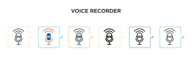 6 farklı modern stilde ses kaydedici vektör simgesi. Siyah, iki renkli ses kaydedici simgesi doldurulmuş, ana hatları çizilmiş, çizgi ve vuruş stiliyle tasarlanmış. Vektör illüstrasyonu ağ, mobil, ui için kullanılabilir