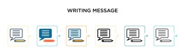 Mesaj vektör simgesi 6 farklı modern stilde yazılıyor. Siyah, iki renkli mesaj simgesi doldurulmuş, ana hatları çizilmiş, çizgi ve çizgi şeklinde dizayn edilmiş. Vektör illüstrasyonu ağ ve mobil için kullanılabilir, 