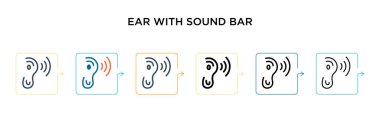 6 farklı modern stilde ses çubuğu vektör simgesine sahip kulak. Siyah, ses çubuğu simgeli iki renkli kulak. Doldurulmuş, ana hatları çizilmiş, çizgi ve vuruş stiliyle dizayn edilmiş. Vektör illüstrasyonu ağ için kullanılabilir, 