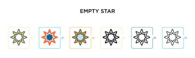 6 farklı modern stilde boş yıldız vektör simgesi. Siyah, doldurulmuş, ana hatları çizilmiş, çizgi ve vuruş stiliyle dizayn edilmiş iki renkli boş yıldız simgesi. Vektör illüstrasyonu ağ, mobil, ui için kullanılabilir