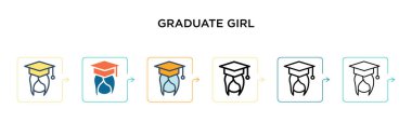 6 farklı modern tarzda mezun olmuş kız vektör ikonu. Siyahi, iki renkli lisansüstü kız ikonu, taslak, çizgi ve çizgi şeklinde dizayn edilmiş. Vektör illüstrasyonu ağ, mobil, ui için kullanılabilir