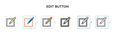 Düğme vektör simgesini 6 farklı modern stilde düzenle. Siyah, iki renkli düzenleme düğmesi simgesi doldurulmuş, ana hatları çizilmiş, çizgi ve vuruş stiliyle tasarlanmış. Vektör illüstrasyonu ağ, mobil, ui için kullanılabilir