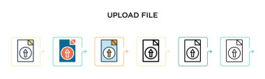 Dosya vektör simgesini 6 farklı modern şekilde yükle. Siyah, iki renkli dosya gönderme simgesi doldurulmuş, ana hatları çizilmiş ve okşanmış. Vektör illüstrasyonu ağ, mobil, ui için kullanılabilir