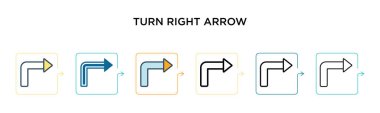 6 farklı modern stilde sağa ok vektör simgesini çevirin. Siyah, iki renkli sağ ok simgesi doldurulmuş, ana hatları çizilmiş, çizgi ve çizgi şeklinde dizayn edilmiş. Vektör illüstrasyonu ağ için kullanılabilir, 