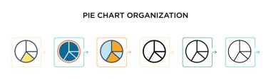 Pasta şeması organizasyon vektör simgesi 6 farklı modern stilde. Siyah, iki renkli pasta organizasyonu simgesi doldurulmuş, ana hatları çizilmiş, çizgi ve çizgi şeklinde dizayn edilmiş. Vektör illüstrasyonu kullanılabilir