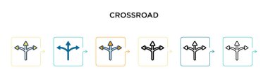 6 farklı modern stilde kesişen yol vektör simgesi. Siyah, iki renkli kesişen yol simgesi. Doldurulmuş, ana hatları çizilmiş, çizgi ve çizgi şeklinde dizayn edilmiş. Vektör illüstrasyonu ağ, mobil, ui için kullanılabilir
