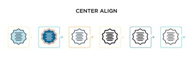 Merkez vektör simgesini 6 farklı modern stilde hizala. Siyah, iki renkli merkez hizalama simgesi doldurulmuş, ana hatları çizilmiş, çizgi ve çizgi şeklinde dizayn edilmiş. Vektör illüstrasyonu ağ, mobil, ui için kullanılabilir