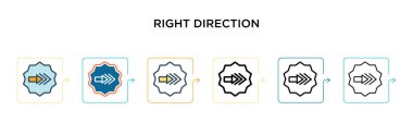 6 farklı modern stilde doğru yön vektör simgesi. Siyah, iki renkli doğru yön simgesi doldurulmuş, ana hatları çizilmiş, çizgi ve vuruş stiliyle dizayn edilmiş. Vektör illüstrasyonu ağ ve mobil için kullanılabilir, 