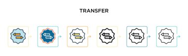 Vektör simgesini 6 farklı modern stilde transfer et. Siyah, iki renkli transfer simgesi. Doldurulmuş, ana hatları çizilmiş, çizgi ve çizgi şeklinde dizayn edilmiş. Vektör illüstrasyonu ağ, mobil, ui için kullanılabilir
