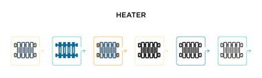 6 farklı modern tarzda ısıtıcı vektör simgesi. Siyah, doldurulmuş, ana hatları çizilmiş, çizgi ve vuruş stiliyle dizayn edilmiş iki renkli ısıtıcı simgesi. Vektör illüstrasyonu ağ, mobil, ui için kullanılabilir