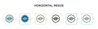 Yatay yeniden boyutlandırma vektör simgesi 6 farklı modern stilde. Siyah, iki renkli yatay boyut simgesi doldurulmuş, ana hatlı, çizgi ve vuruş tarzında dizayn edilmiş. Vektör illüstrasyonu ağ için kullanılabilir, 