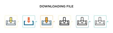 Dosya vektör simgesi 6 farklı modern stilde indiriliyor. Siyah, iki renkli dosya indirme simgesi doldurulmuş, ana hatları çizilmiş, çizgi ve vuruş stili olarak dizayn edilmiş. Vektör illüstrasyonu ağ için kullanılabilir, 
