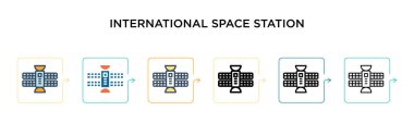 Uluslararası uzay istasyonu vektör simgesi 6 farklı modern stilde. Siyah, iki renkli uluslararası uzay istasyonu ikonu doldurulmuş, ana hatları çizilmiş, çizgi ve vuruş stiliyle dizayn edilmiş. Vektör illüstrasyonu 