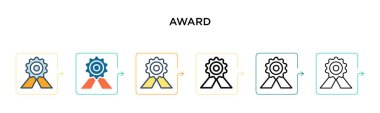 Ödül sembolü vektör simgesi 6 farklı modern stilde. Siyah, doldurulmuş, ana hatları çizilmiş, çizgi ve vuruş stiliyle dizayn edilmiş iki renkli ödül sembolü. Vektör illüstrasyonu ağ, mobil, ui için kullanılabilir