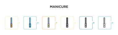 Manikür vektör simgesi 6 farklı modern stilde. Siyah, iki renkli manikür ikonu doldurulmuş, ana hatları çizilmiş, çizgi ve vuruş stili. Vektör illüstrasyonu ağ, mobil, ui için kullanılabilir