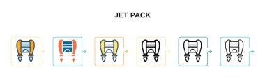 Jet pack vektör simgesi 6 farklı modern stilde. Siyah, doldurulmuş, ana hatları çizilmiş, çizgi ve vuruş stiliyle dizayn edilmiş iki renkli jet pack simgesi. Vektör illüstrasyonu ağ, mobil, ui için kullanılabilir
