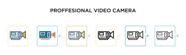 Proffesional video kamera vektör simgesi 6 farklı modern stilde. Siyah, iki renkli proffesional video kamera ikonu doldurulmuş, ana hatları çizilmiş, çizgi ve çizgi şeklinde dizayn edilmiş. Vektör illüstrasyonu 