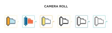 Kamera rulo vektör simgesi 6 farklı modern stilde. Siyah, doldurulmuş, ana hatları çizilmiş, çizgi ve vuruş stiliyle dizayn edilmiş iki renkli kamera rulo simgesi. Vektör illüstrasyonu ağ, mobil, ui için kullanılabilir