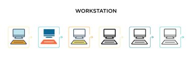 Workstation vektör simgesi 6 farklı modern stilde. Siyah, doldurulmuş, ana hatları çizilmiş, çizgi ve vuruş stiliyle dizayn edilmiş iki renkli iş istasyonu simgesi. Vektör illüstrasyonu ağ, mobil, ui için kullanılabilir