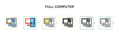6 farklı modern stilde tam bilgisayar vektör simgesi. Siyah, iki renkli bilgisayar simgesi. Doldurulmuş, ana hatları çizilmiş, çizgi ve çizgi şeklinde dizayn edilmiş. Vektör illüstrasyonu ağ, mobil, ui için kullanılabilir