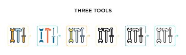 Altı farklı modern stilde üç araç vektör simgesi. Siyah, iki renkli üç araç simgesi doldurulmuş, ana hatları çizilmiş, çizgi ve vuruş stiliyle dizayn edilmiş. Vektör illüstrasyonu ağ, mobil, ui için kullanılabilir