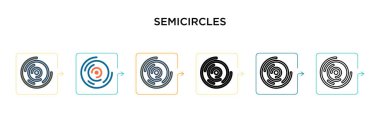 6 farklı modern stilde yarı daire vektör simgesi. Siyah, iki renkli yarı daire simgesi doldurulmuş, ana hatları çizilmiş, çizgi ve vuruş stiliyle dizayn edilmiş. Vektör illüstrasyonu ağ, mobil, ui için kullanılabilir
