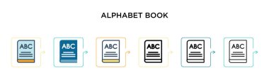 Alfabe kitabı vektör simgesi 6 farklı modern stilde. Siyah, iki renkli alfabe kitabı simgesi doldurulmuş, ana hatları çizilmiş, çizgi ve çizgi şeklinde dizayn edilmiş. Vektör illüstrasyonu ağ, mobil, ui için kullanılabilir
