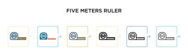 5 metre cetvel vektör simgesi, 6 farklı modern stilde. Siyah, iki renkli beş metre cetvel simgesi doldurulmuş, ana hatları çizilmiş, çizgi ve vuruş stiliyle dizayn edilmiş. Vektör illüstrasyonu ağ için kullanılabilir, 