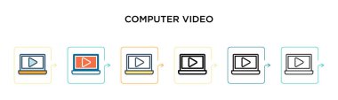 Bilgisayar video vektör simgesi 6 farklı modern stilde. Siyah, iki renkli bilgisayar video ikonu doldurulmuş, ana hatları çizilmiş, çizgi ve vuruş stiliyle tasarlanmış. Vektör illüstrasyonu ağ, mobil, ui için kullanılabilir
