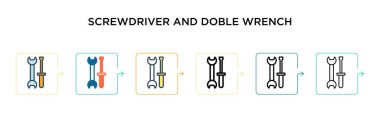 6 farklı modern stilde tornavida ve doble anahtar vektör simgesi. Siyah, iki renkli tornavida ve doble ingiliz anahtarı simgeleri doldurulmuş, ana hatları çizilmiş, çizgi ve çizgi şeklinde dizayn edilmiş. Vektör illüstrasyonu