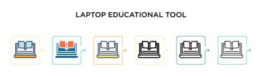 6 farklı modern stilde dizüstü bilgisayar eğitim aracı vektör simgesi. Siyah, iki renkli dizüstü bilgisayar eğitim aracı ikonu doldurulmuş, ana hatları çizilmiş ve vuruş tarzında dizayn edilmiş. Vektör illüstrasyonu kullanılabilir 