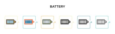 Batarya vektör simgesi 6 farklı modern stilde. Siyah, doldurulmuş, ana hatları çizilmiş, çizgi ve vuruş stiliyle dizayn edilmiş iki renkli pil simgesi. Vektör illüstrasyonu ağ, mobil, ui için kullanılabilir