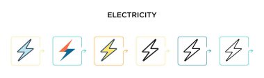 6 farklı modern stilde elektrik vektör simgesi. Siyah, doldurulmuş, ana hatları çizilmiş, çizgi ve vuruş stiliyle tasarlanmış iki renkli elektrik ikonu. Vektör illüstrasyonu ağ, mobil, ui için kullanılabilir
