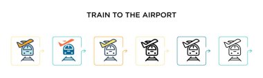 Havaalanı vektör simgesine giden tren 6 farklı modern stilde. Siyah, havaalanı ikonlarına giden iki renkli tren. Dolu, ana hatlı, çizgi ve vuruş stiliyle dizayn edilmiş. Vektör illüstrasyonu kullanılabilir 