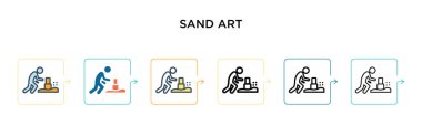 Kum sanatı vektör simgesi 6 farklı modern stilde. Siyah, doldurulmuş, ana hatları çizilmiş, çizgi ve vuruş stiliyle dizayn edilmiş iki renkli kum sanatı simgesi. Vektör illüstrasyonu ağ, mobil, ui için kullanılabilir