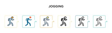 6 farklı modern stilde jogging vektör simgesi. Siyah, doldurulmuş, ana hatları çizilmiş, çizgi ve vuruş stiliyle dizayn edilmiş iki renkli koşu ikonu. Vektör illüstrasyonu ağ, mobil, ui için kullanılabilir
