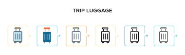 6 farklı modern tarzda trip bagaj vektör ikonu. Siyah, iki renkli seyahat ikonu doldurulmuş, ana hatları çizilmiş, çizgi ve vuruş stili. Vektör illüstrasyonu ağ, mobil, ui için kullanılabilir