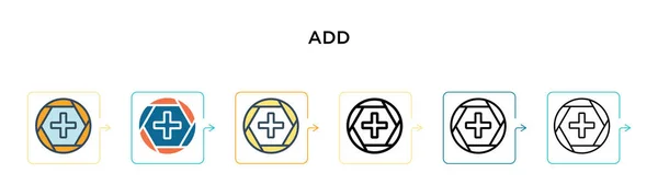 6つの異なる現代的なスタイルで記号ベクトルアイコンを追加します アウトライン ライン ストロークスタイルでデザインされた黒 2色の追加記号アイコン ベクターイラストは ウェブ モバイル Uiに使用できます — ストックベクタ