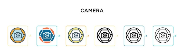 6つの異なる近代的なスタイルでカメラの看板ベクトルアイコン アウトライン ライン ストロークスタイルで設計された黒 2色のカメラサインアイコン ベクターイラストは ウェブ モバイル Uiに使用できます — ストックベクタ