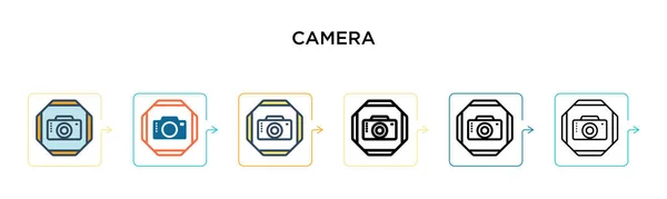 6つの異なる近代的なスタイルでカメラの看板ベクトルアイコン アウトライン ライン ストロークスタイルで設計された黒 2色のカメラサインアイコン ベクターイラストは ウェブ モバイル Uiに使用できます — ストックベクタ