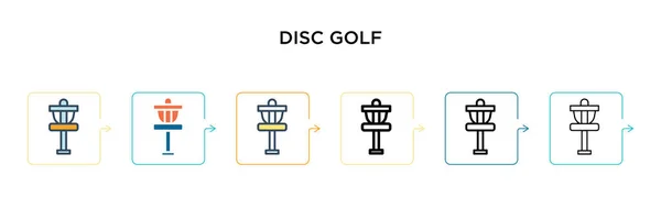 6 farklı modern stilde disk golf vektör simgesi. Siyah, doldurulmuş, ana hatları çizilmiş, çizgi ve vuruş stiliyle dizayn edilmiş iki renkli disk golf ikonu. Vektör illüstrasyonu ağ, mobil, ui için kullanılabilir