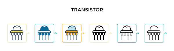 Transistor vector icon in 6 different modern styles. Black, two colored transistor icons designed in filled, outline, line and stroke style. Vector illustration can be used for web, mobile, ui