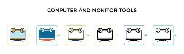 コンピュータとモニターツールのベクトルアイコン6つの異なる現代的なスタイルで アウトライン ライン ストロークスタイルで設計された黒 2色のコンピュータとモニターツールのアイコン ベクトル図は — ストックベクタ