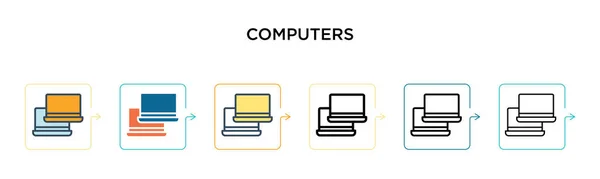 6つの異なる現代的なスタイルのコンピュータベクトルアイコン アウトライン ライン ストロークスタイルで設計された黒 2色のコンピュータアイコン ベクターイラストは ウェブ モバイル Uiに使用できます — ストックベクタ