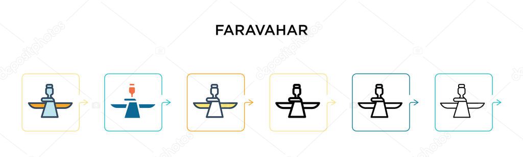 Faravahar vector icon in 6 different modern styles. Black, two colored faravahar icons designed in filled, outline, line and stroke style. Vector illustration can be used for web, mobile, ui