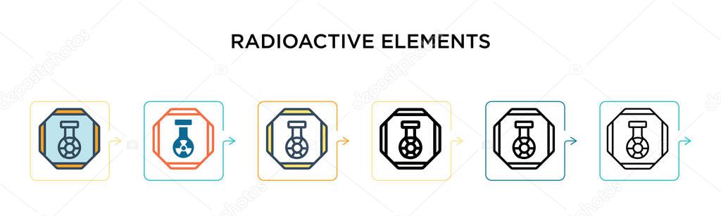 Radioactive elements vector icon in 6 different modern styles. Black, two colored radioactive elements icons designed in filled, outline, line and stroke style. Vector illustration can be used for 