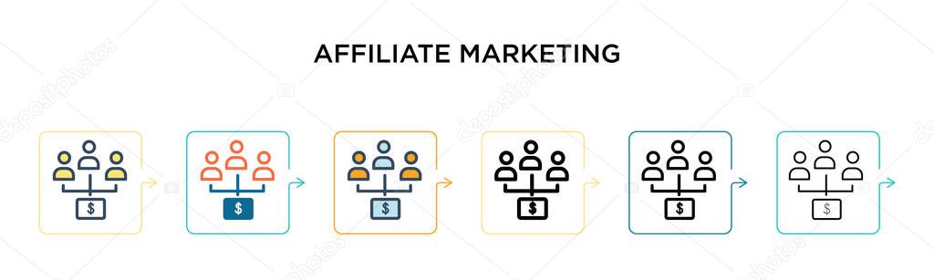 Affiliate marketing vector icon in 6 different modern styles. Black, two colored affiliate marketing icons designed in filled, outline, line and stroke style. Vector illustration can be used for web, 