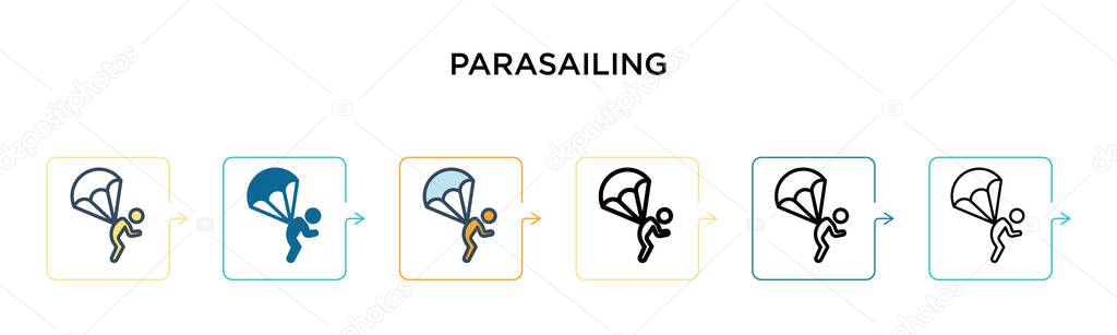 Parasailing vector icon in 6 different modern styles. Black, two colored parasailing icons designed in filled, outline, line and stroke style. Vector illustration can be used for web, mobile, ui