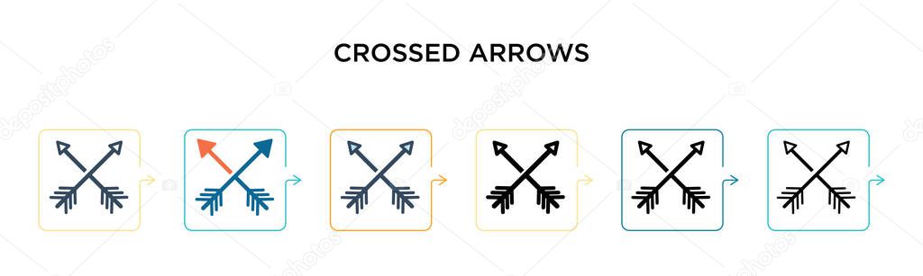 Crossed arrows vector icon in 6 different modern styles. Black, two colored crossed arrows icons designed in filled, outline, line and stroke style. Vector illustration can be used for web, mobile, ui