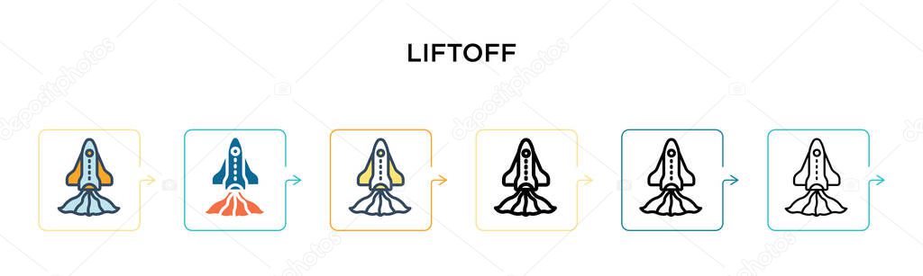 Liftoff vector icon in 6 different modern styles. Black, two colored liftoff icons designed in filled, outline, line and stroke style. Vector illustration can be used for web, mobile, ui